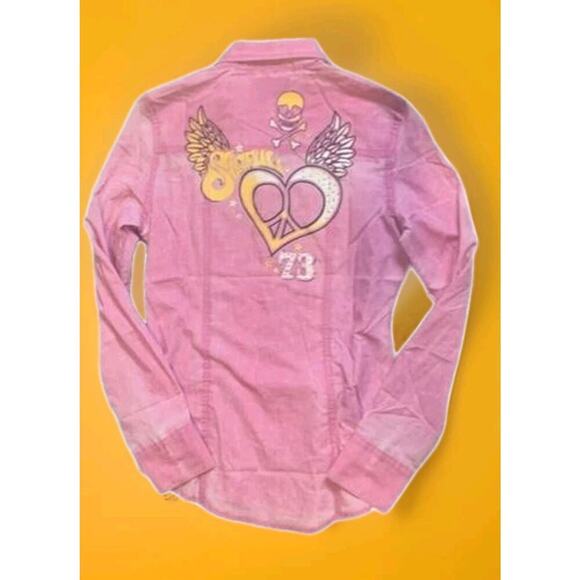 Sinful By Affliction Dead Srock Maven Pearl Snap Rhinestones Pink Small Cr2 New - Picture 1 of 4